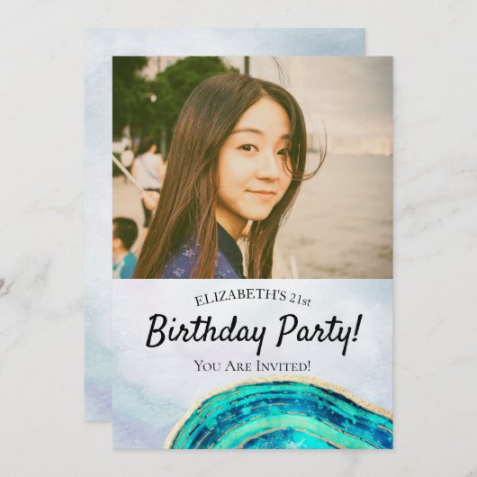 Birthday Party Elegant Blauwgroen Gold Agate Geode Kaart (Voorkant / Achterkant)