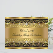 Birthday Party Elegant Gold Diamond Black Trim 3 Kaart (Staand voorkant)