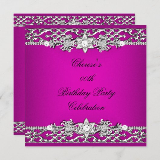 Birthday Party Elegant Hot Pink Silver Diamond Kaart (Voorkant / Achterkant)