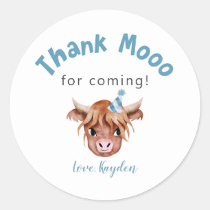 Birthday Party Favor Blue Highland Koe Ronde Sticker