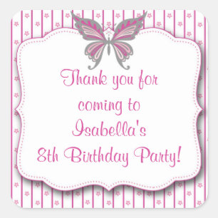 Birthday Party Favor Sticker (roze en grijze vlind