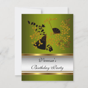 Birthday Party Floral Green White Black Gold Kaart