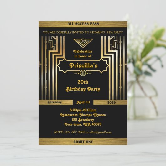 Birthday Party, Gatsby-stijl, Art Deco, gouden zwa Kaart (Staand voorkant)