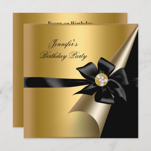 Birthday Party Gold Black Bow Diamond Afbeelding Kaart (Voorkant / Achterkant)