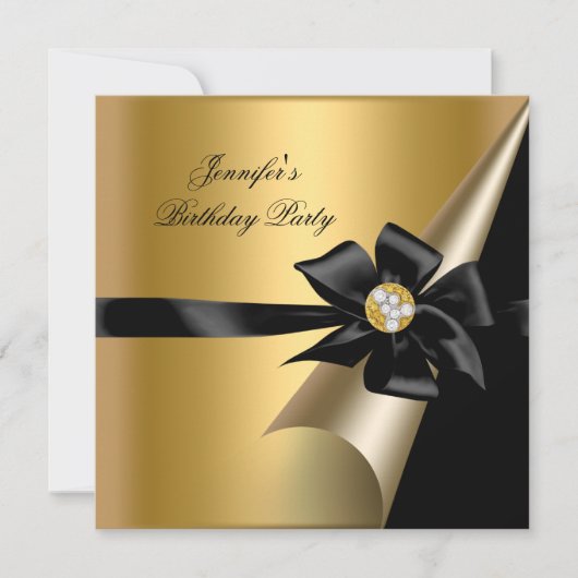 Birthday Party Gold Black Bow Diamond Afbeelding Kaart (Voorkant)