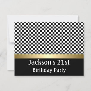 Birthday Party Gold Black & White Check Patroon Kaart