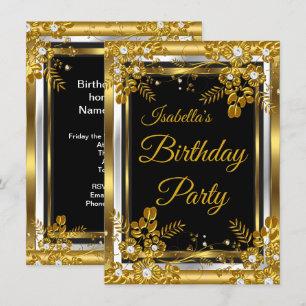 Birthday Party Gold Black White Diamond Floral Kaart