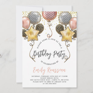 Birthday Party Gold Confetti Balloons Uitnodiging