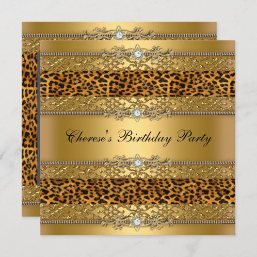 Birthday Party Gold Leopard Diamond Kaart (Voorkant / Achterkant)