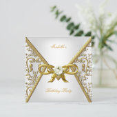 Birthday Party Gold White Damask Bow Afbeelding Kaart (Staand voorkant)
