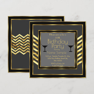 Birthday Party Gray Black Gold Art Deco Martini Kaart