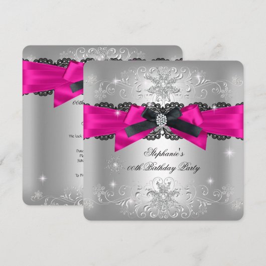 Birthday Party Hot Pink Black Bow Glitter Silver 2 Kaart (Voorkant / Achterkant)