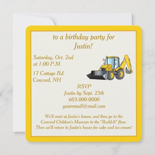 Birthday Party Invision with Backhoe Kaart (Achterkant)