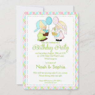 Birthday Party Invitation Boy & Girl Twins d2 Kaart