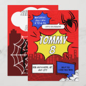 Birthday Party Invitation Comic Spider Theme  (Devant / Derrière)