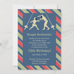 Birthday Party Invitation Red and Blue Fencing Kaart
