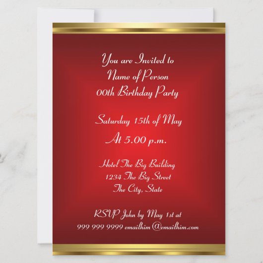 Birthday Party Invitation Red Gold Kaart (Achterkant)