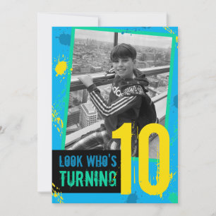 Birthday Party Invitation Splats 10th Blue Kaart