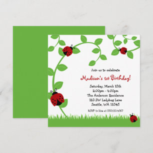 Birthday Party Invitations Red Ladybug Vines Kaart