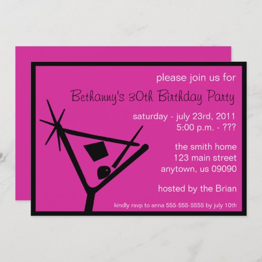 Birthday Party Invite Martini Glass (frambozen) Kaart (Voorkant / Achterkant)