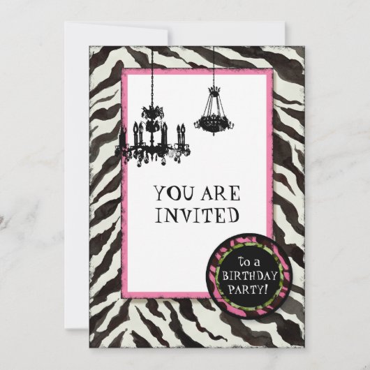 Birthday Party Invite Zebra, Leopard'n Chandelier Kaart (Voorkant)
