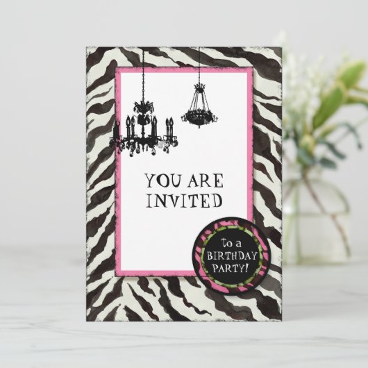 Birthday Party Invite Zebra, Leopard'n Chandelier Kaart (Staand voorkant)