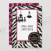Birthday Party Invite Zebra, Leopard'n Chandelier Kaart (Voorkant / Achterkant)