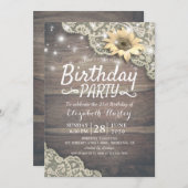 Birthday Party Lace Sunflower Wood & String Lights Kaart (Voorkant / Achterkant)