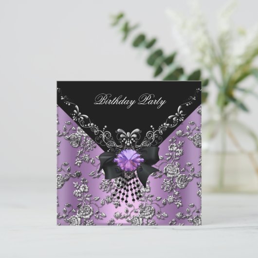 Birthday Party Lila Paars Black Silver Damask Kaart (Staand voorkant)