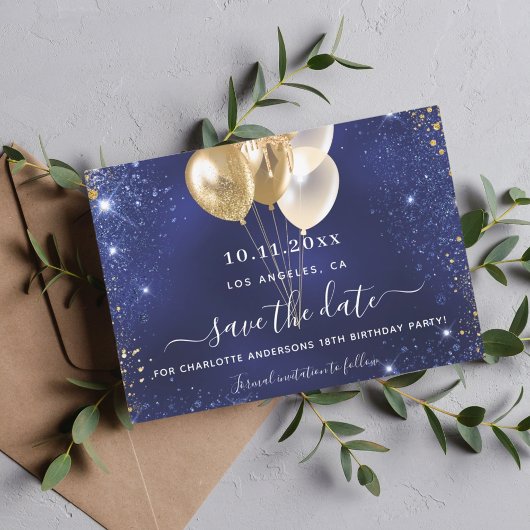 Birthday party marvy blue gold save the date card kaart