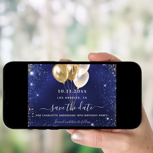 Birthday party marvy blue gold save the date card kaart