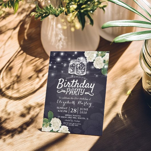 Birthday Party Mason Jars Hydrangea String Lights Kaart