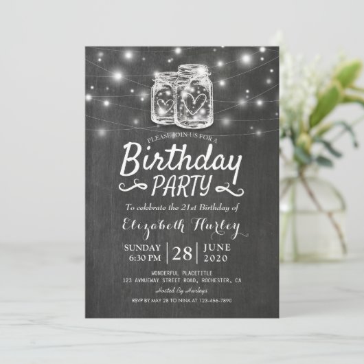 Birthday Party Mason Jars String Lights Chalkboard Kaart (Staand voorkant)