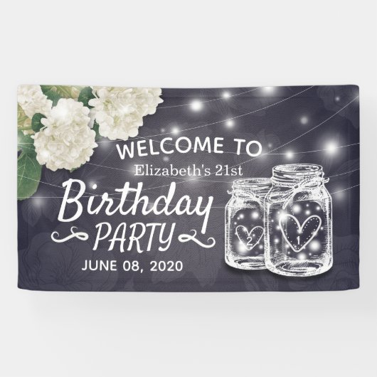Birthday Party Mason Jars String Lights Flowers Spandoek (Horizontaal)