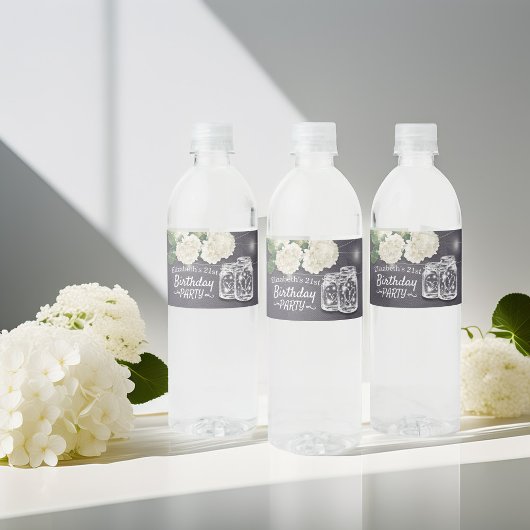 Birthday Party Mason Jars String Lights Flowers Waterfles Etiket