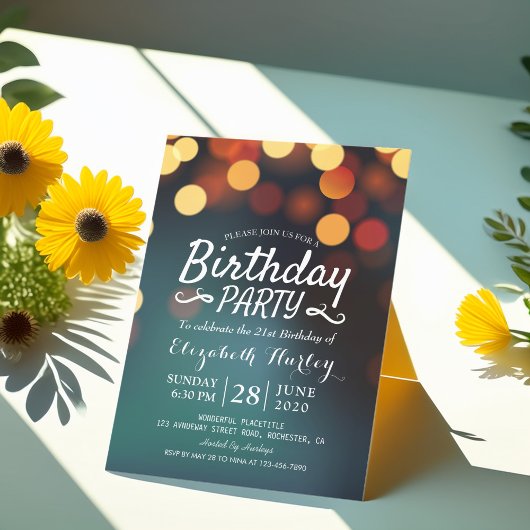 Birthday Party Modern Blauwgroen Gold Bokeh String Kaart