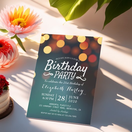 Birthday Party Modern Blauwgroen Gold Bokeh String Kaart