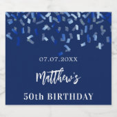 Birthday party navy blue confetti name sparkling wijnetiket (Enkel label)