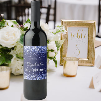 Birthday party navy blue glitter name wijn etiket