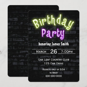 Birthday Party Neon Glow Sign. Brick Wall Kaart