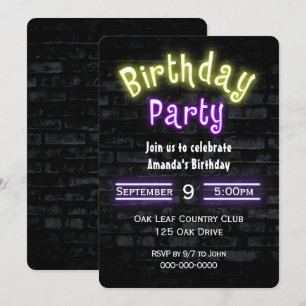 Birthday Party Neon Sign. Brick Wall Kaart
