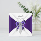 Birthday Party Paarse Bow Silver White Diamond Kaart (Staand voorkant)