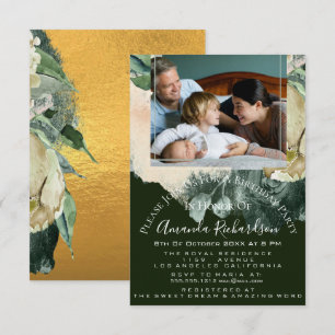 Birthday Party Photo Floral Gold Green Kaart