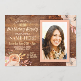Birthday Party Photo Flowers Rustic Wood Invite Kaart