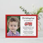Birthday Party Photo Invitation Red Fire Engine Kaart (Staand voorkant)