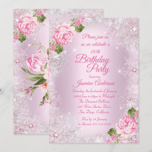 Birthday Party Pink Floral Winter Wonderland Kaart