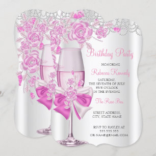 Birthday Party  Pink Rose Champagne Kaart