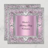 Birthday Party Pink Silver Diamond Kaart (Voorkant / Achterkant)