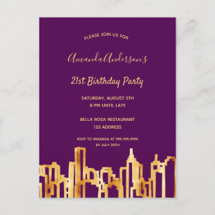 Birthday party purple gold city skyline invitation