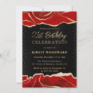 Birthday Party Red and Gold Glitter Agate Kaart